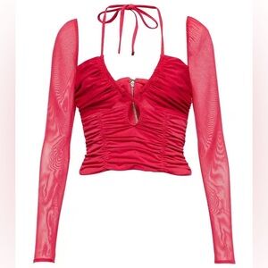 SELF-PORTRAIT Fuchsia Pink Red Stretch-Jersey Cut Out Top Long Sleeve Cropped 6